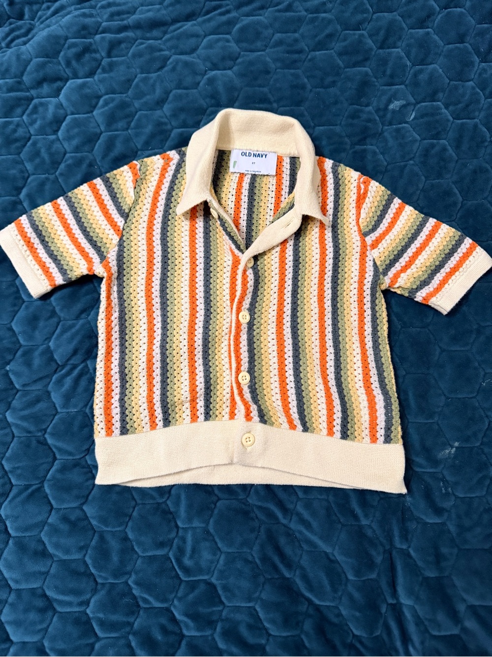 Old Navy 2T Cream Collar Multicolor Crochet Stripe Button-Up Shirt